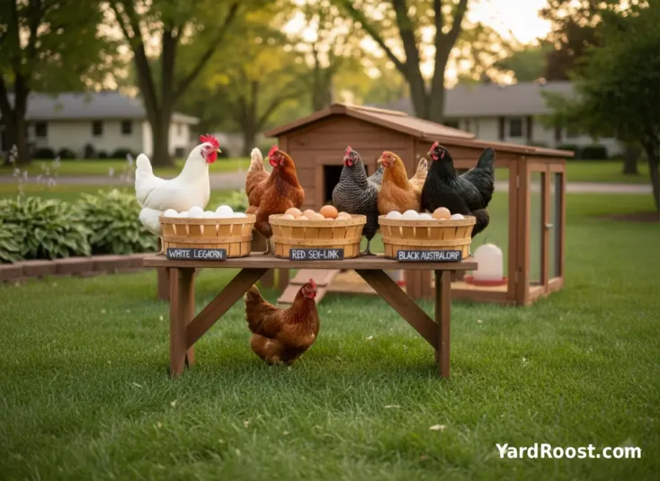 Mixed backyard hens of several high-production breeds near a small coop in Ohio.