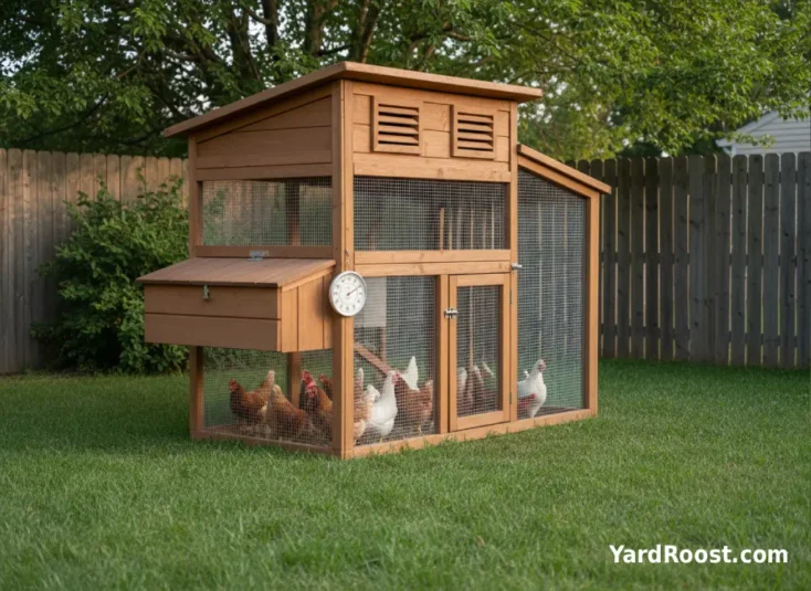 Well-ventilated backyard chicken coop with hens in a shaded run on a warm day.