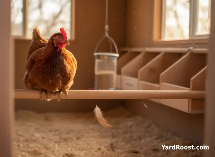Brown hen on a roost in a tidy coop with loose feathers below indicating molt.