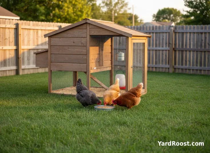 Calm backyard hens pecking near a covered run in a tidy suburban yard at golden hour.