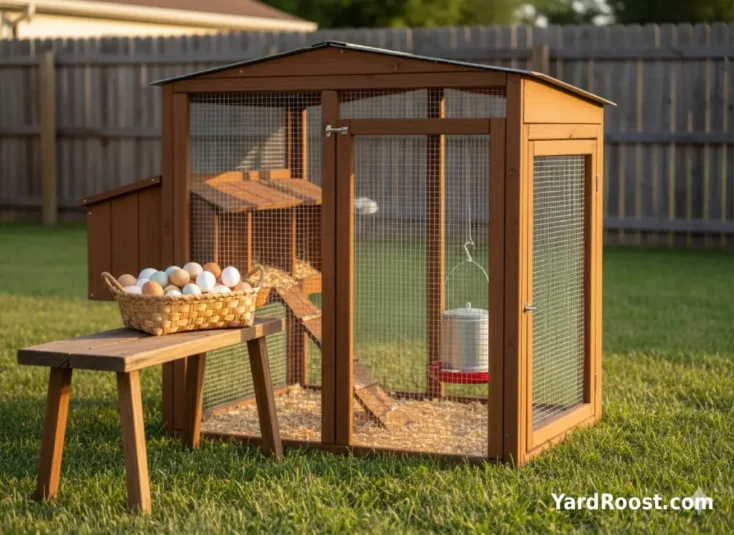 A rustic egg basket with brown, white, and blue-green eggs beside a backyard coop in Ohio.