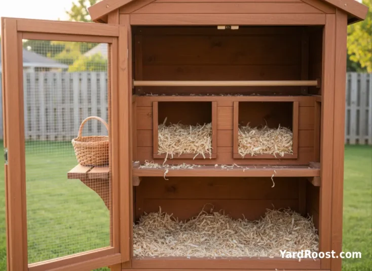 Clean coop interior with 12-inch nest boxes filled with pine shavings and a roost bar above.