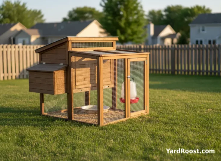 Shaded covered run with water available and a high ventilation gap on the coop wall.