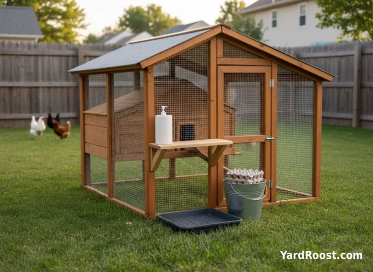 Simple handwashing and boot-tray station set up beside a backyard coop area.