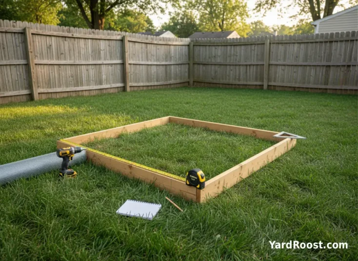 Measuring a chicken coop base frame with a tape measure next to hardware cloth and a drill.