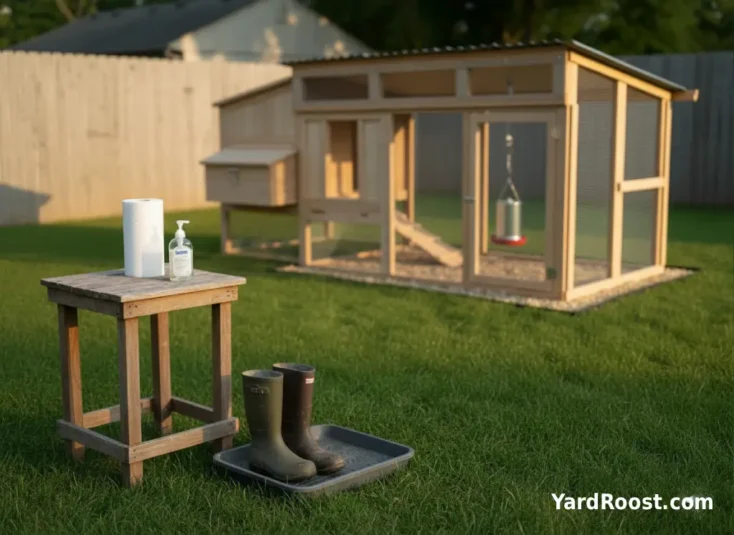 Simple handwashing and boot tray station set up next to a backyard chicken coop entrance.