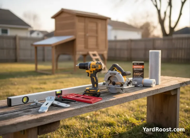 Chicken coop building tools and hardware laid out with drill, level, screws, hinges, and hardware cloth.