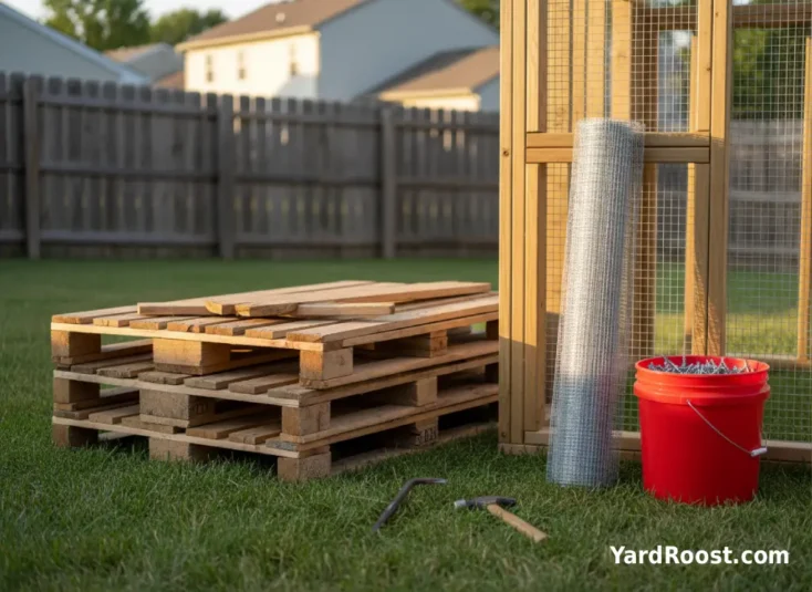 Pallet boards prepped for a chicken coop build with pry bar and hardware cloth nearby.