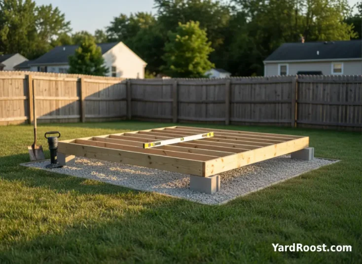 Raised chicken coop base on concrete blocks over gravel with framed floor joists and a level.