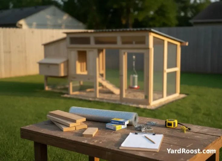 Chicken coop materials laid out with hardware cloth, fasteners, and a simple budget sheet on a workbench.