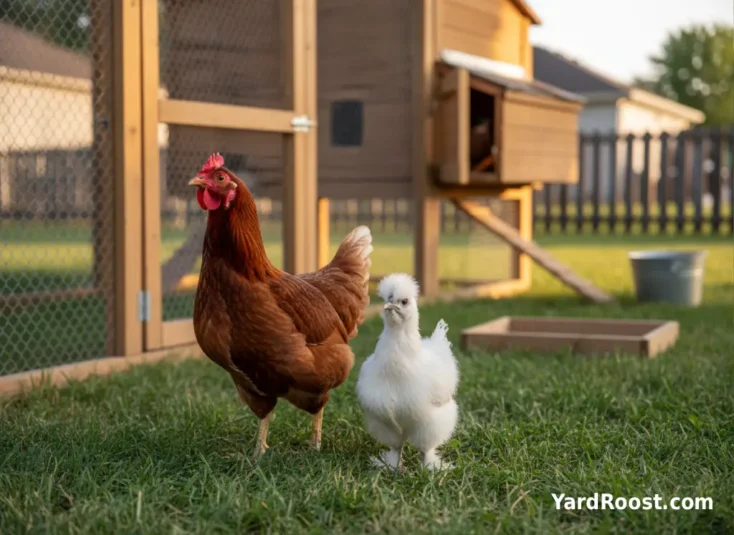 A bantam and a heavier hen stand near a run fence showing size differences.