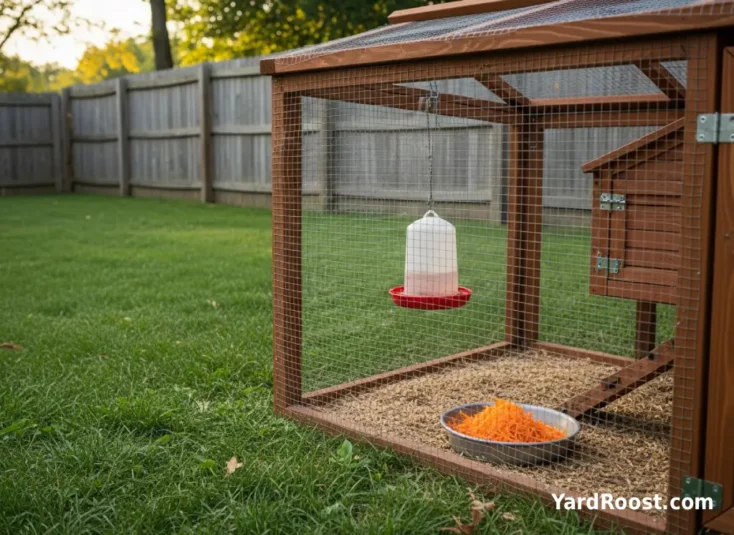 Shredded carrots served in a small treat dish inside a backyard chicken run.