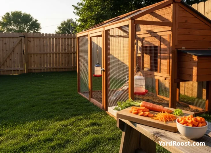 Prepped raw carrot slices and cooled cooked carrot cubes ready as chicken treats.