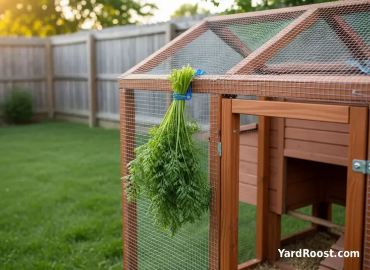 Rinsed carrot greens clipped to a chicken run for safe pecking enrichment.