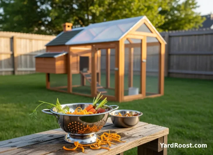 Washed carrot peelings draining in a colander before being fed to chickens.