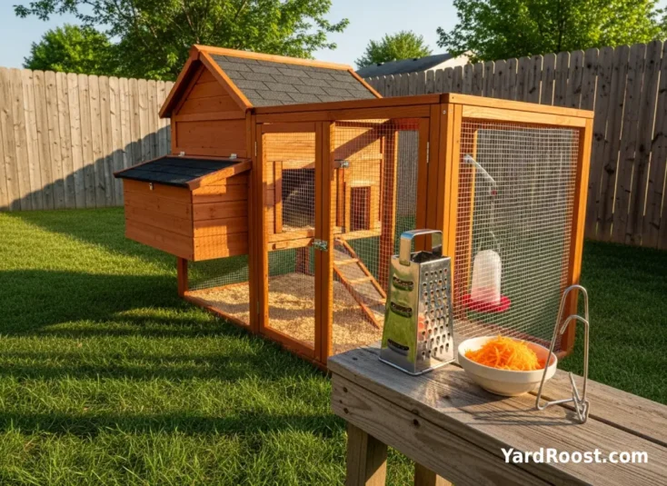 Grater and bowl of shredded carrots set up for easy chicken treat prep near the run.
