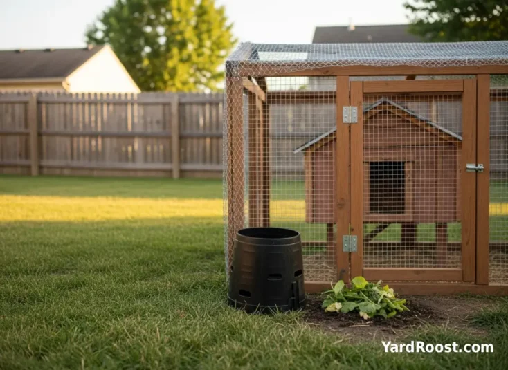 Wilted muddy vegetable scraps next to a compost bucket showing what not to feed chickens.