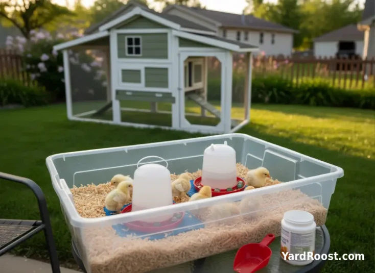 Chick feeder with starter crumble and a chick waterer with marbles in the tray inside a brooder.