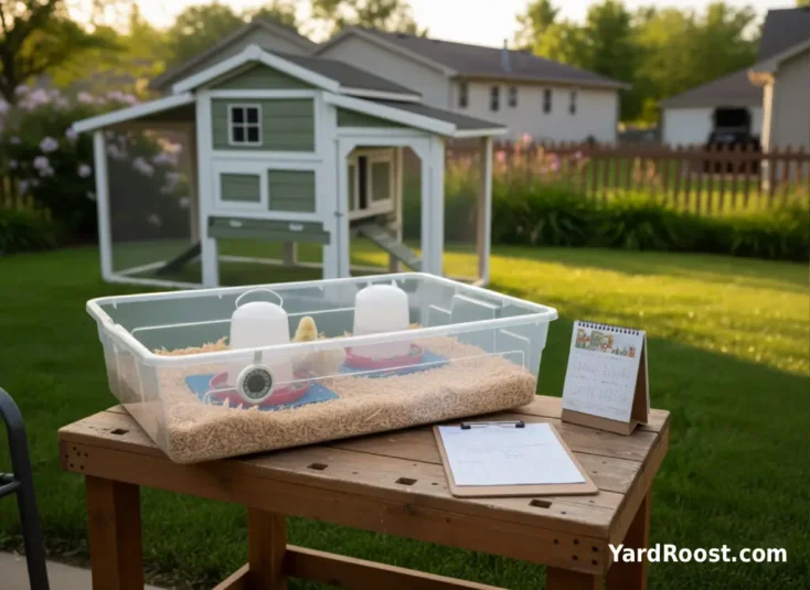 Clipboard and calendar beside a brooder setup showing a week-by-week baby chick care routine.