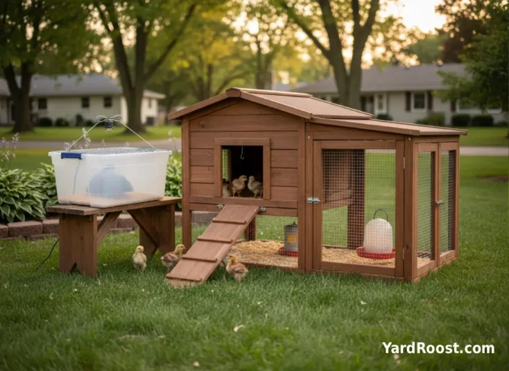 Mostly feathered chicks exploring a covered run near the coop during a gradual move out of the brooder.