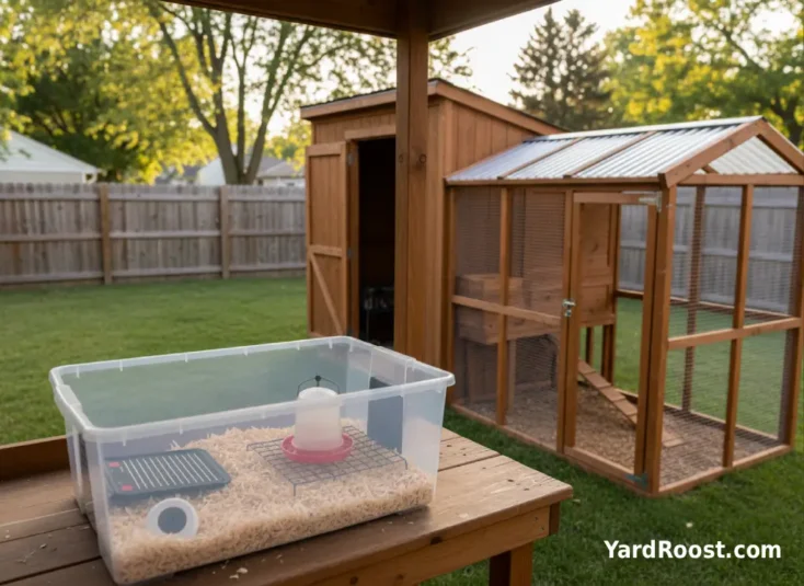 Plastic tote chick brooder with pine shavings, heat plate, feeder, and waterer set up on a bench.