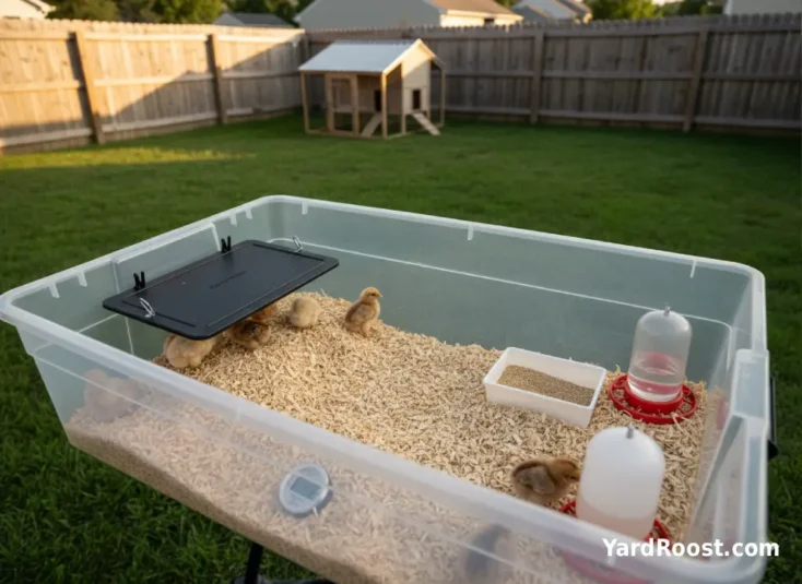 Brooder layout with heat on one side and feeder and waterer placed on the cooler side.