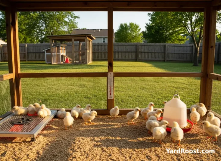 Chicks evenly spread out in a brooder with some resting near warmth and others eating on the cool side.