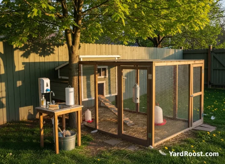 Outdoor handwashing station near coop and brooder supplies for safe chick handling hygiene.