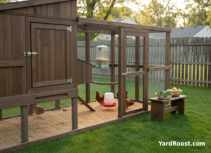 A clean feeder and waterer in a chicken run with a bowl of treats set aside to pause extras during watery stool troubleshooting.