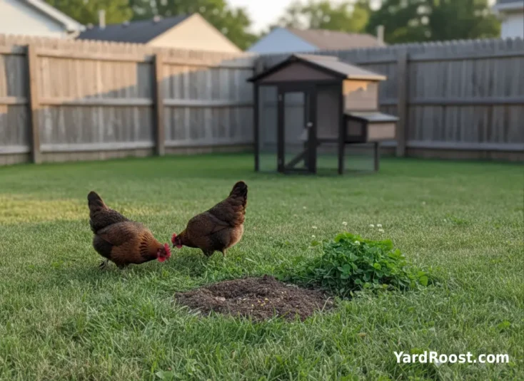 Two hens scratching and pecking in short grass near a backyard coop run.