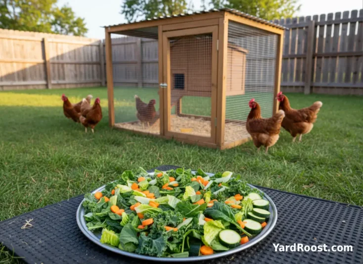 A tray of leafy greens and chopped vegetable scraps offered inside a covered chicken run.