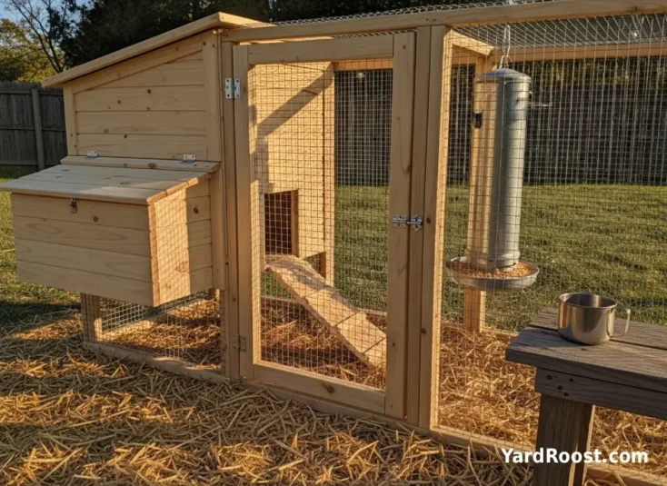 A small sprinkle of scratch grains in a run with a complete feed pellet feeder nearby.