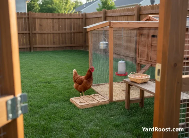 A curious hen tilting her head beside a simple treat puzzle tray on a rustic bench in a suburban Ohio backyard run at golden hour.