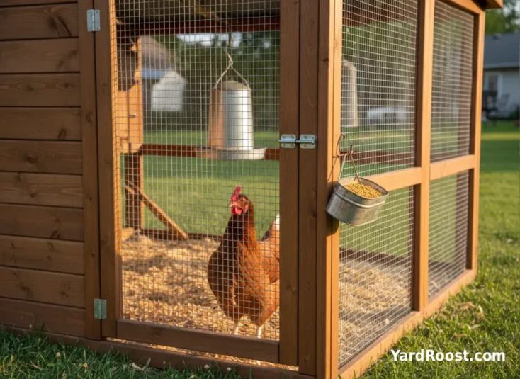 A hen waiting calmly at a run gate with a visible latch and hanging treat tin in a suburban Ohio backyard coop.