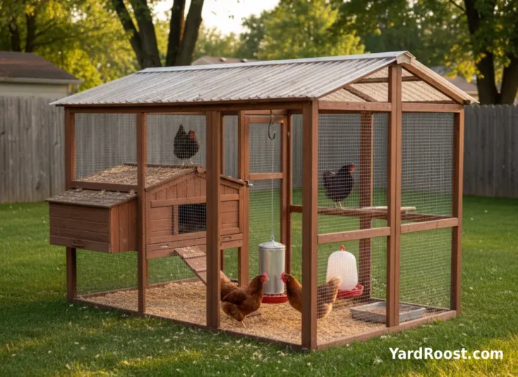 Two hens facing off near a feeder while another watches from a perch inside a covered backyard run.