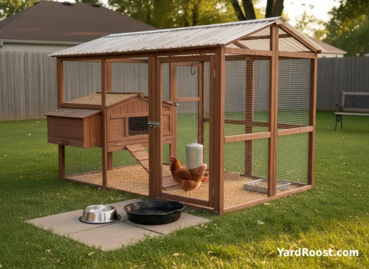 A chicken watching a run latch with a dog bowl and shallow water pan nearby in a backyard coop setting.
