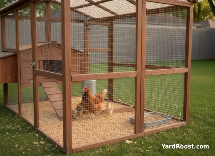 A hen standing protectively near two chicks in a shaded corner of a covered backyard run.