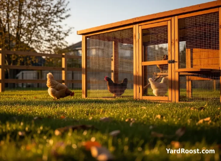 Small suburban Ohio backyard with a neat wooden chicken coop and covered run beside a home.
