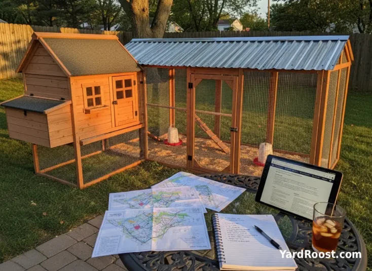 Ohio-style backyard coop with paperwork and a tablet on a patio table suggesting research on chicken rules.