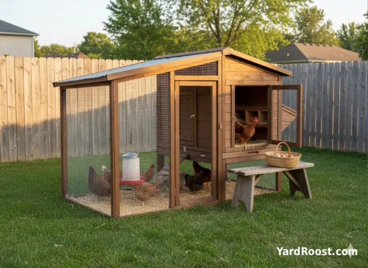 Suburban backyard chicken run with several hens spaced comfortably in the enclosure.