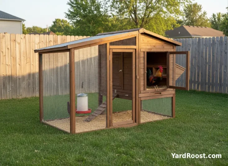 Backyard chicken run with a rooster visible inside and neighboring houses beyond the fence.