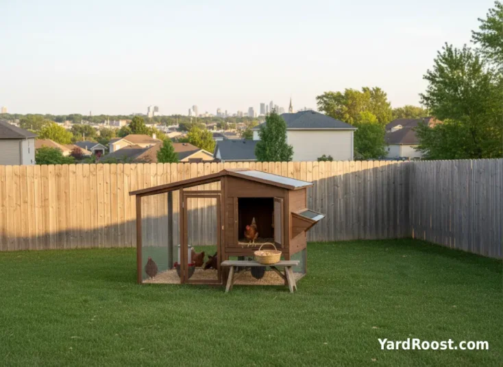 Suburban backyard coop with neighborhood rooftops visible beyond the fence.