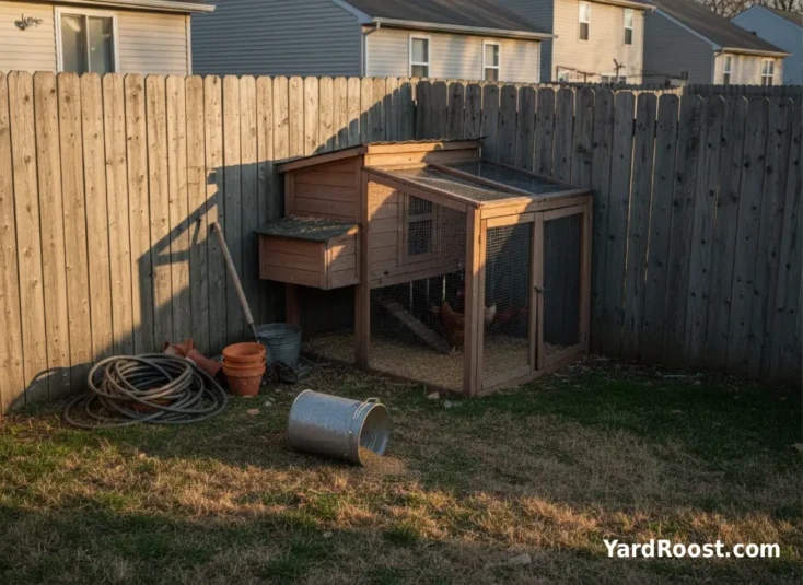 Backyard chicken coop set too close to a neighbor’s fence with visible clutter around it.