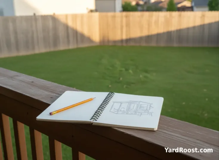 Empty suburban backyard with a notebook sketch of a possible chicken coop on the porch railing.