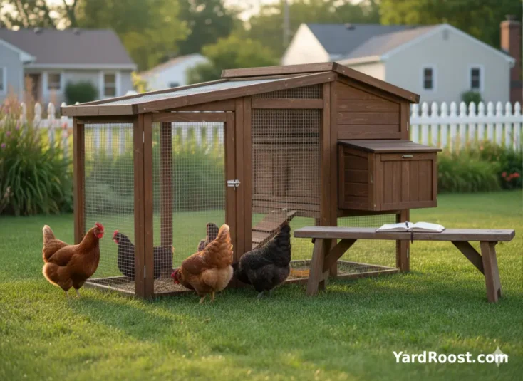 Mixed backyard flock of hens near a small wooden coop