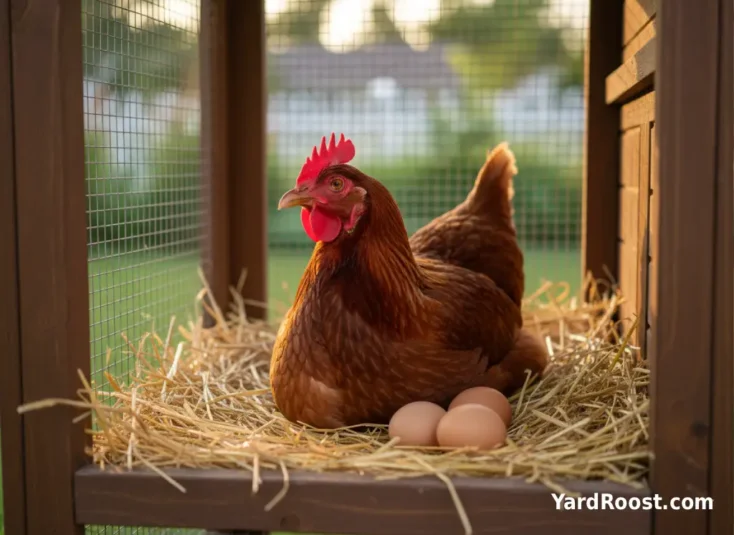 Brown hen in a wooden nest box with fresh eggs in an Ohio backyard coop.