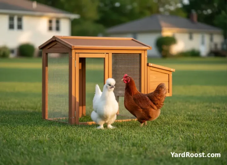 Small Silkie hen and Rhode Island Red hen together near a wooden backyard coop