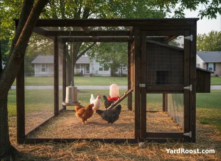 Secure backyard coop with covered run, hardware cloth, and shaded area for chickens.