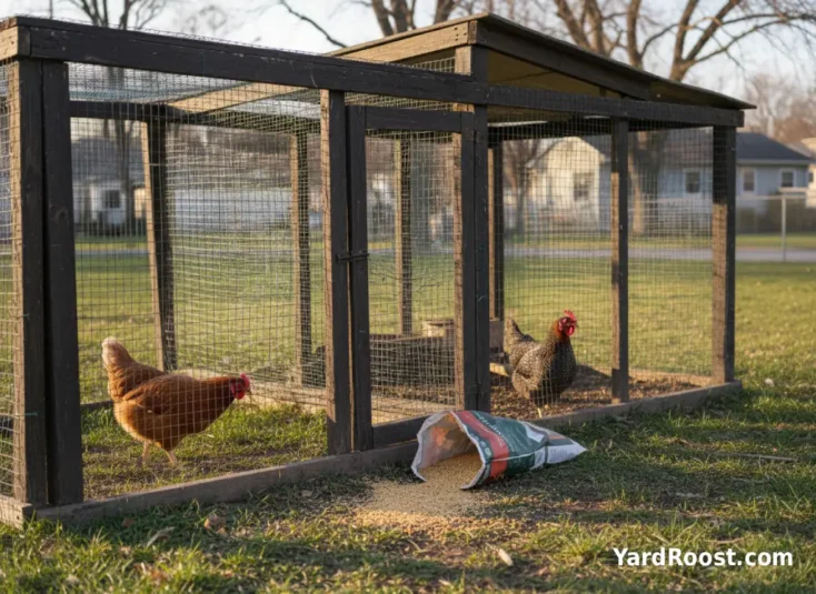 Backyard coop with gaps in fencing and open feed that could attract predators.