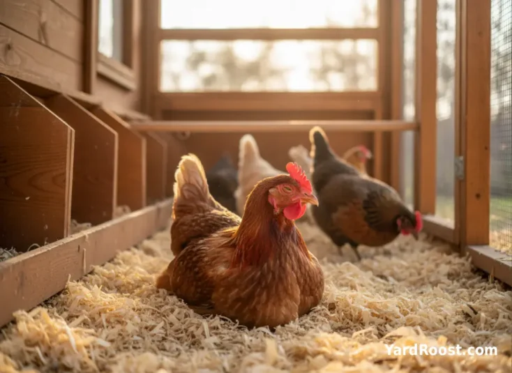 Older hen resting calmly in a clean backyard coop with other hens nearby.